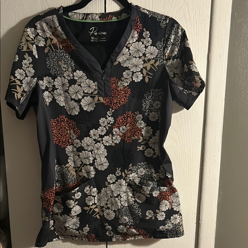 Floral Print Scrub Top - Gray, White and Pink.